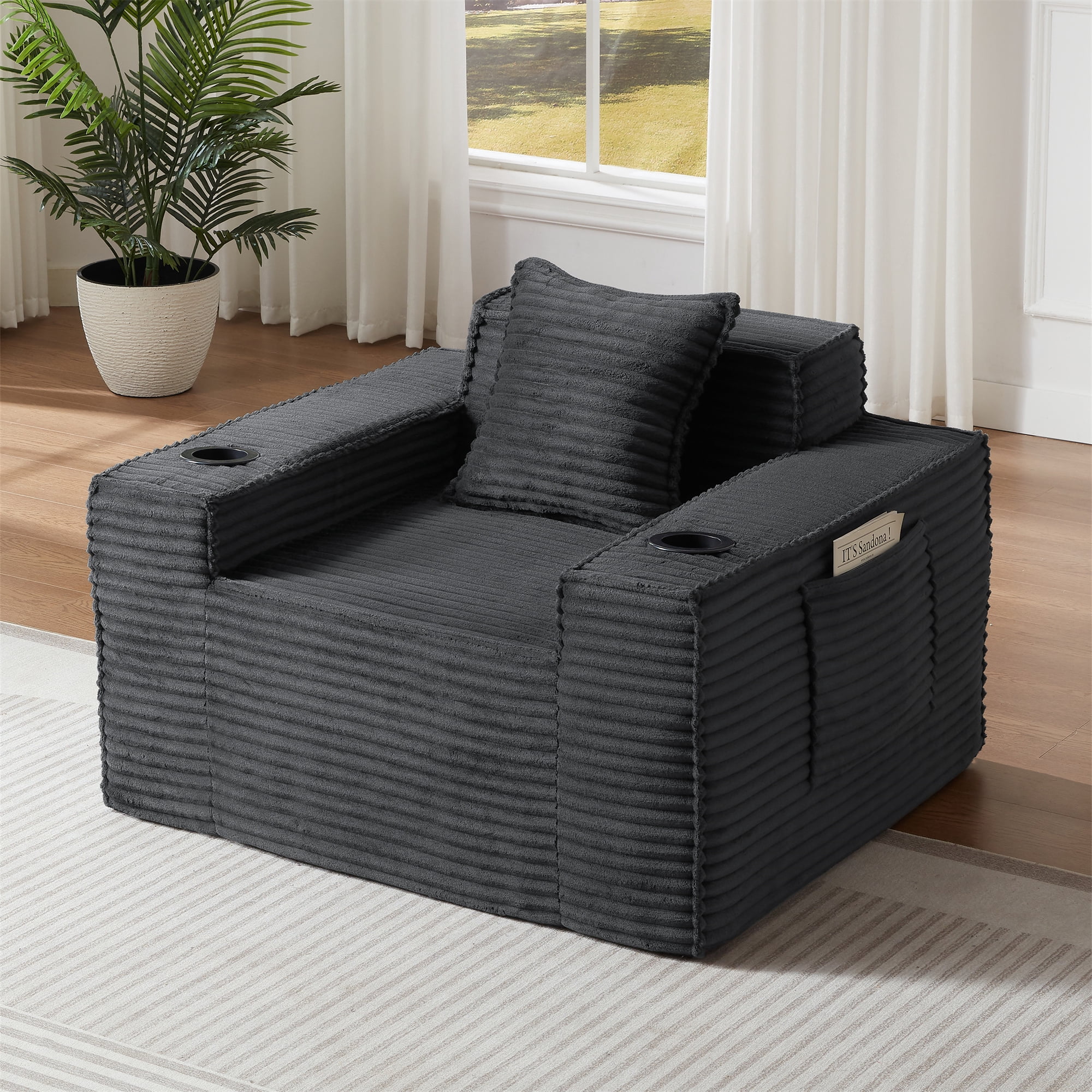 Aukfa 3 Piece Sofa Set - 43.5" Oversized Armchair Boneless Couch w/ 2 Cup Holders&Side Pockets, Gray
