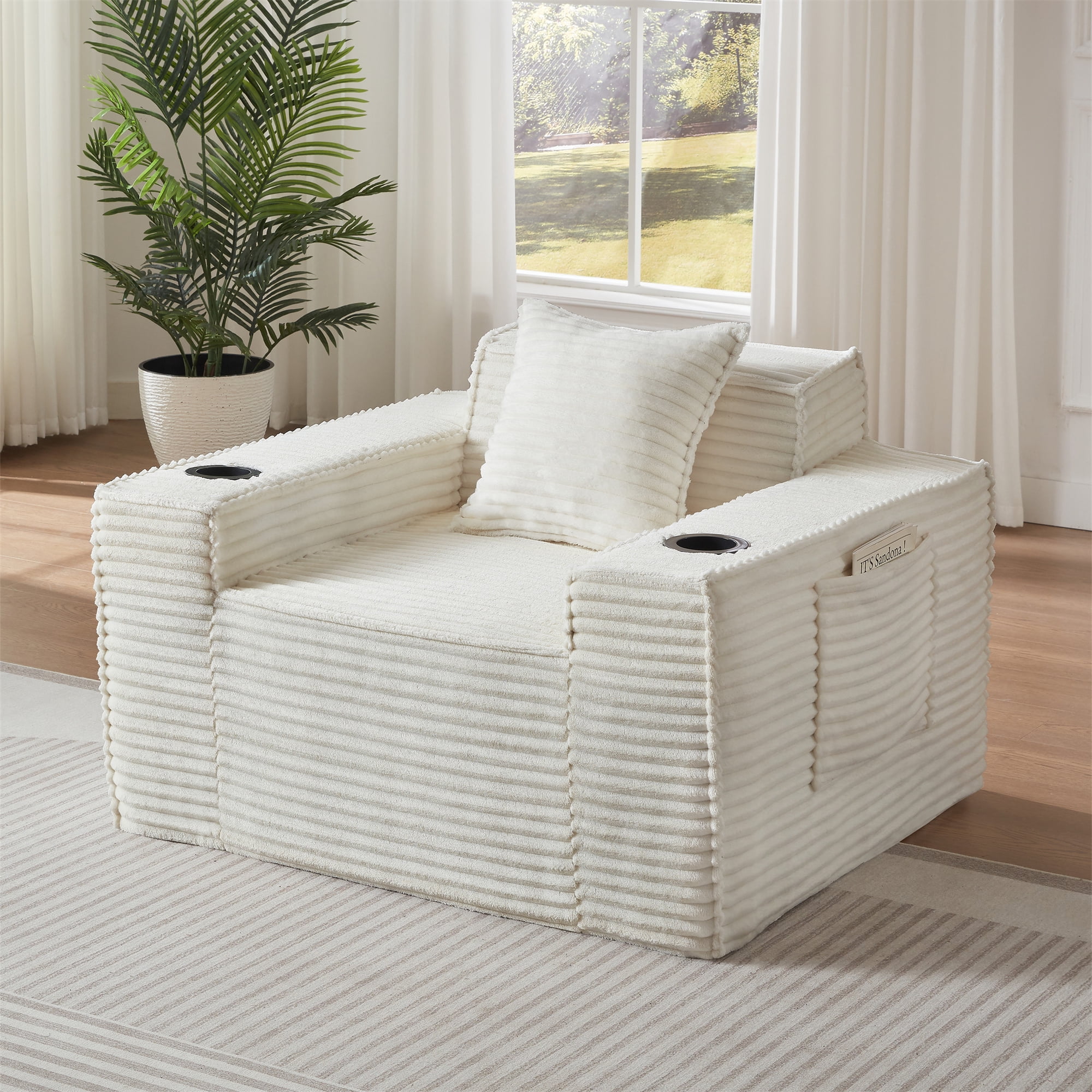 Aukfa 3 Piece Sofa Set - 43.5" Oversized Armchair Boneless Couch w/ 2 Cup Holders&Side Pockets, White