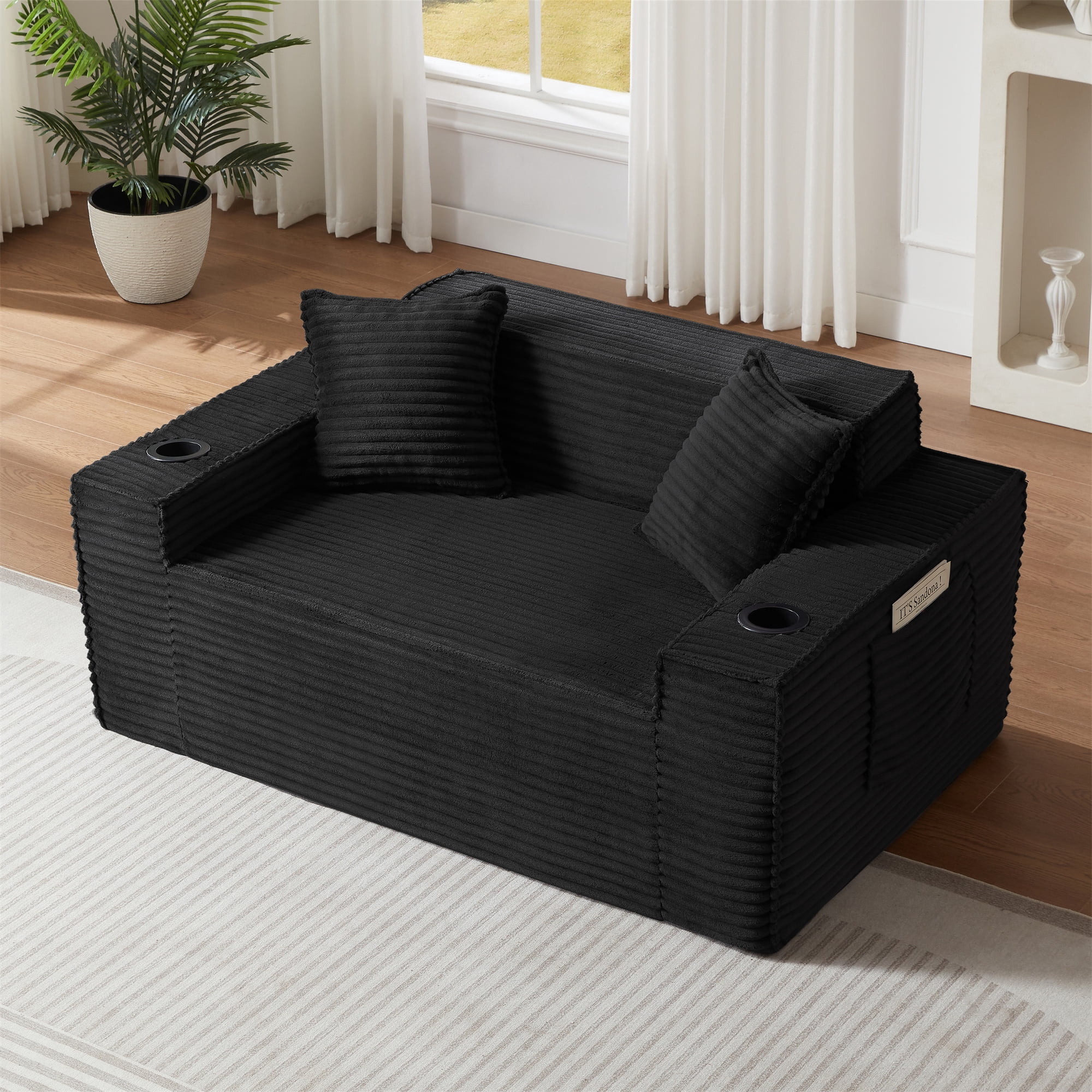 Aukfa 3 Piece Sofa Set - 61" Deep Seat Boneless Couch Loveseat w/ 2 Cup Holders&Side Pockets, Black