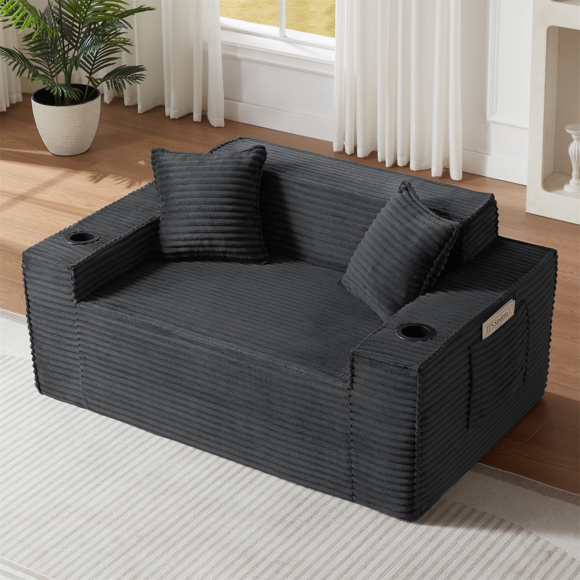 Aukfa 3 Piece Sofa Set - 61" Deep Seat Boneless Couch Loveseat w/ 2 Cup Holders&Side Pockets, Gray