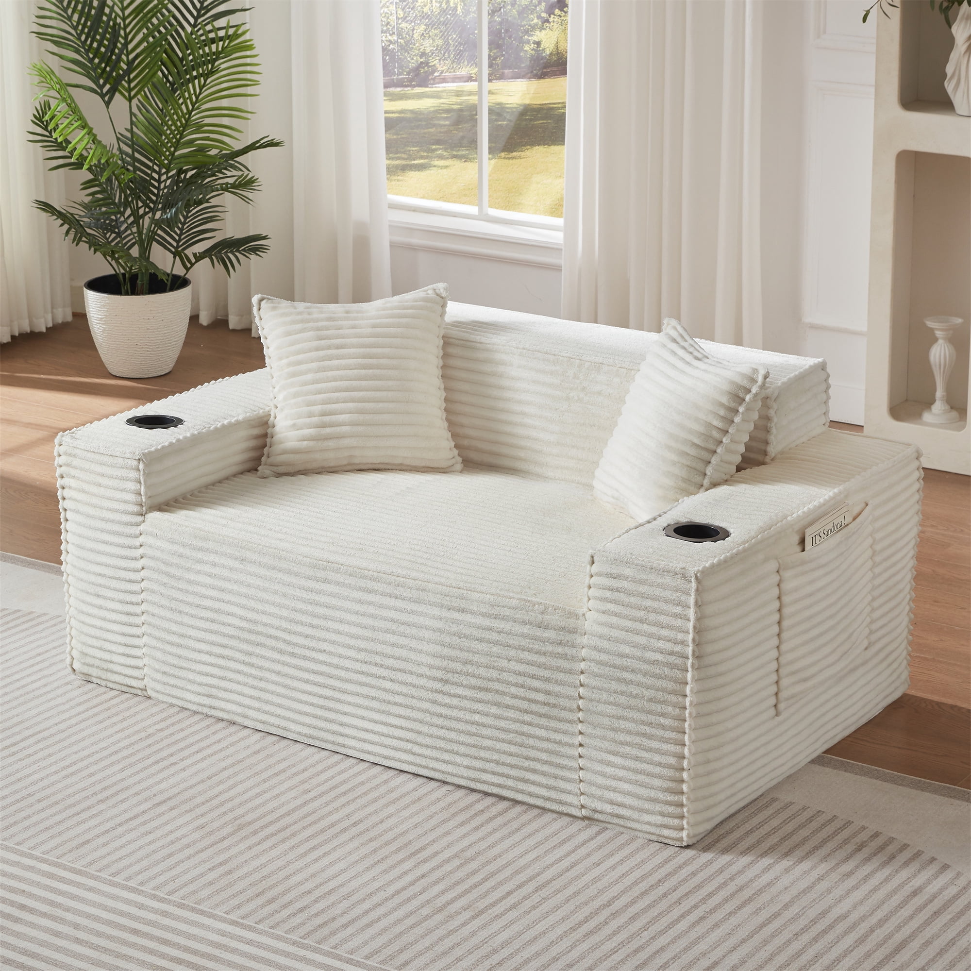 Aukfa 3 Piece Sofa Set - 61" Deep Seat Boneless Couch Loveseat w/ 2 Cup Holders&Side Pockets, White