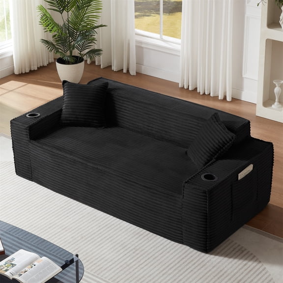 Aukfa 3 Piece Sofa Set - 81" 3 Seat Boneless Couch with 2 Cup Holders&Side Pockets for Living Room, Black