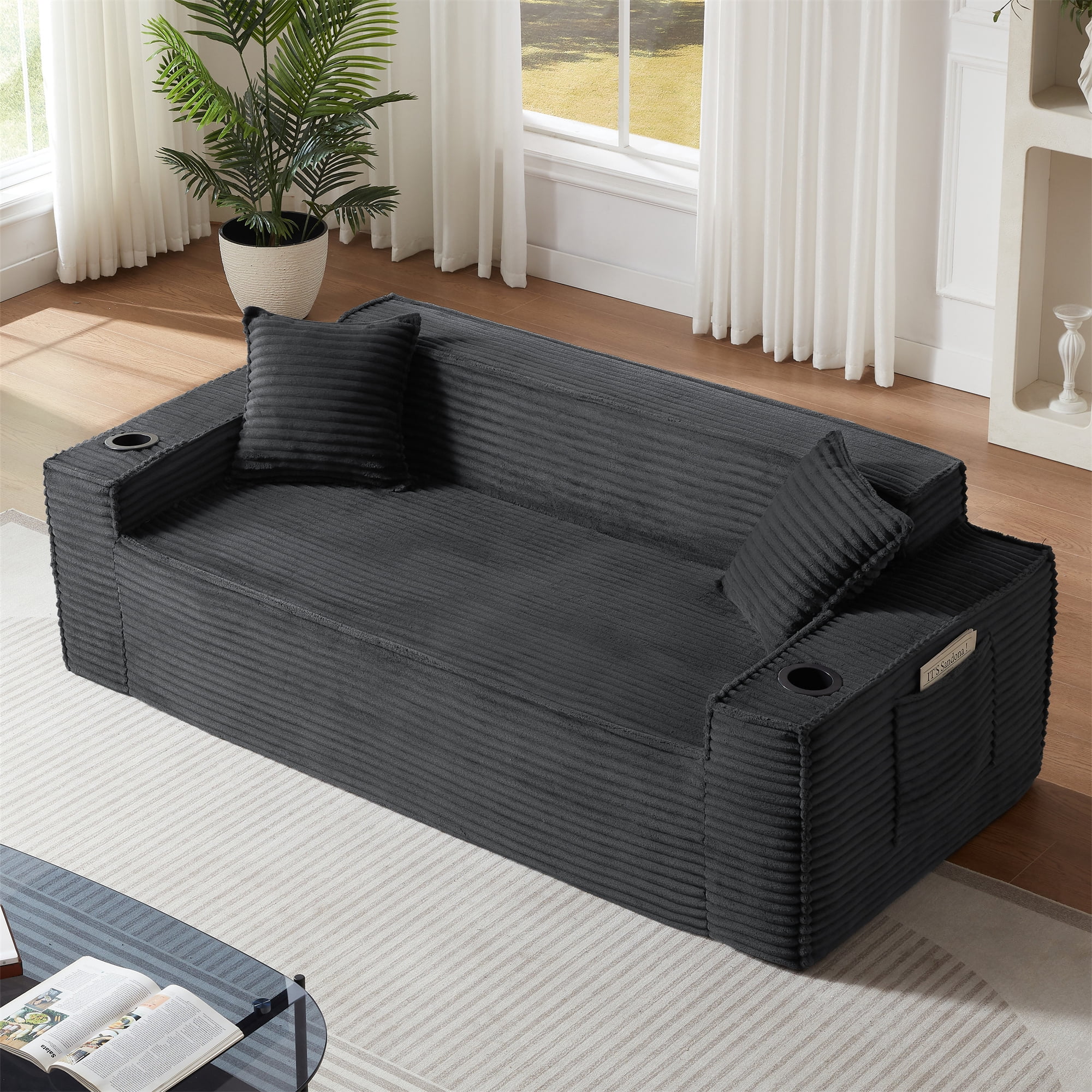 Aukfa 3 Piece Sofa Set - 81" 3 Seat Boneless Couch with 2 Cup Holders&Side Pockets for Living Room, Gray