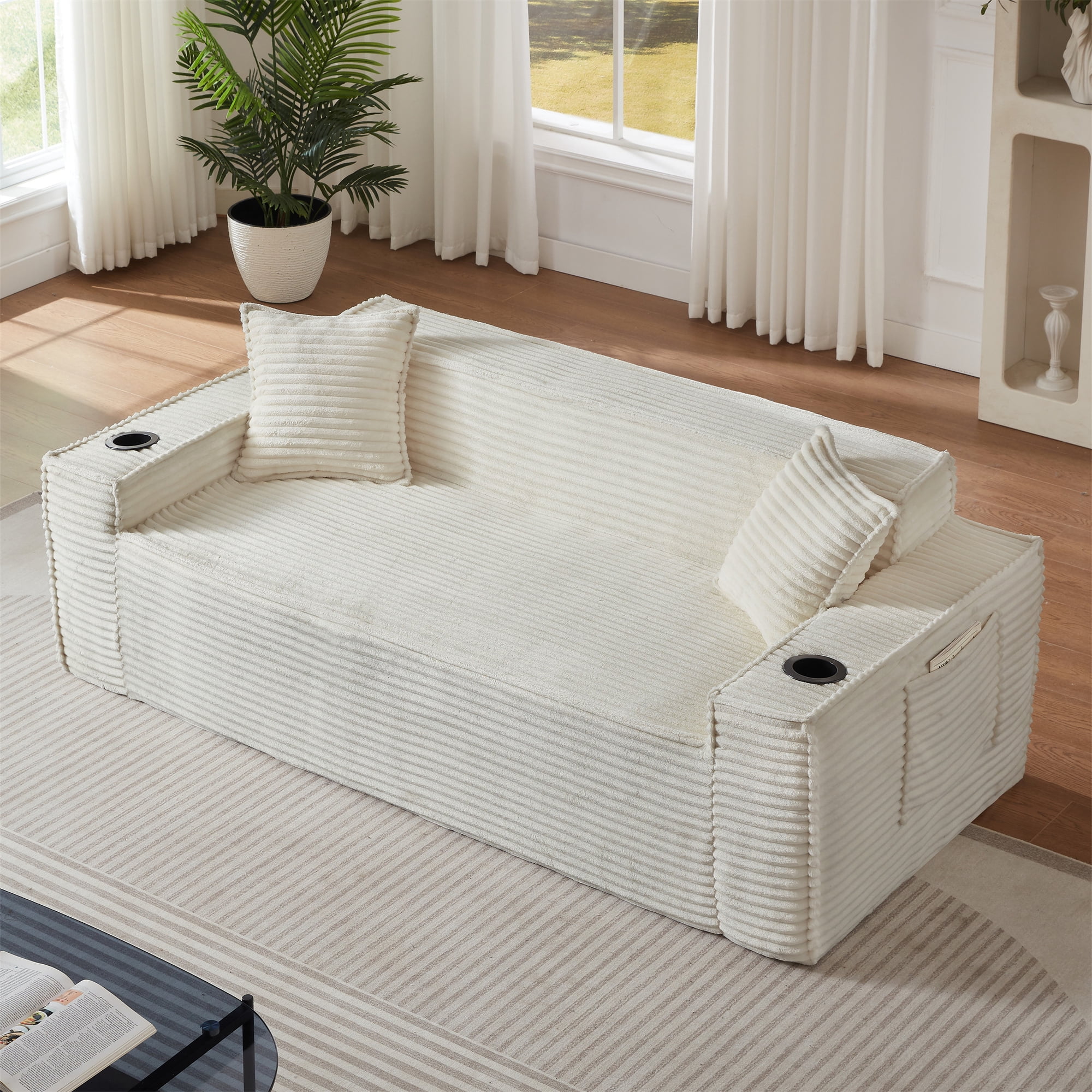 Aukfa 3 Piece Sofa Set - 81" 3 Seat Boneless Couch with 2 Cup Holders&Side Pockets for Living Room, White