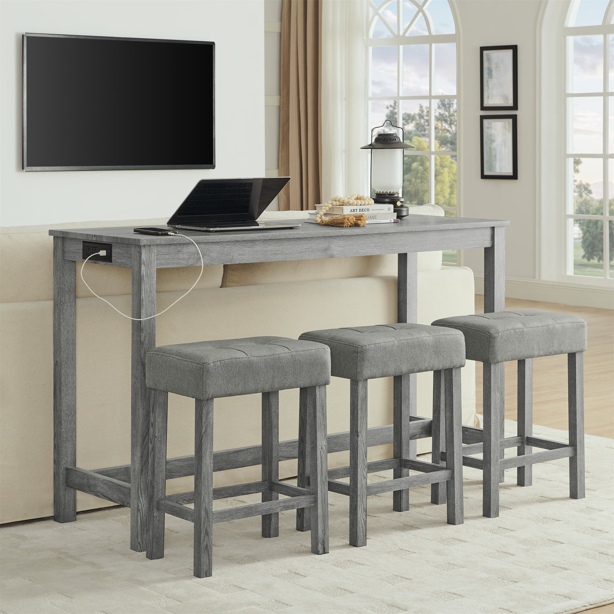 Aukfa 59" Bar Table Set with Charging Station, 4-Piece Counter Height Kitchen Island Set,3 Upholstered Stools,Gray