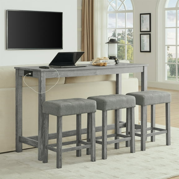 Aukfa 59" Bar Table Set with Charging Station, 4-Piece Counter Height Kitchen Island Set,3 Upholstered Stools,Gray