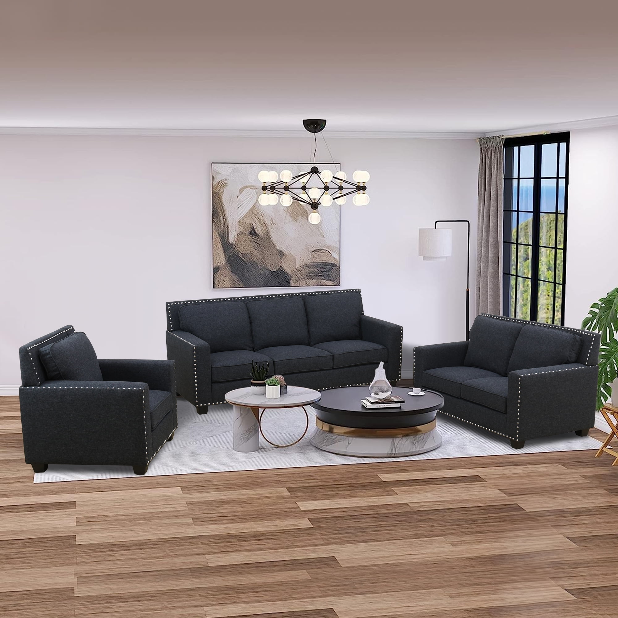Aukfa 3-Piece Deep Seat Sofa Set for Living Room, 3-Seater Couch, Loveseat, Armchair, Linen, Black