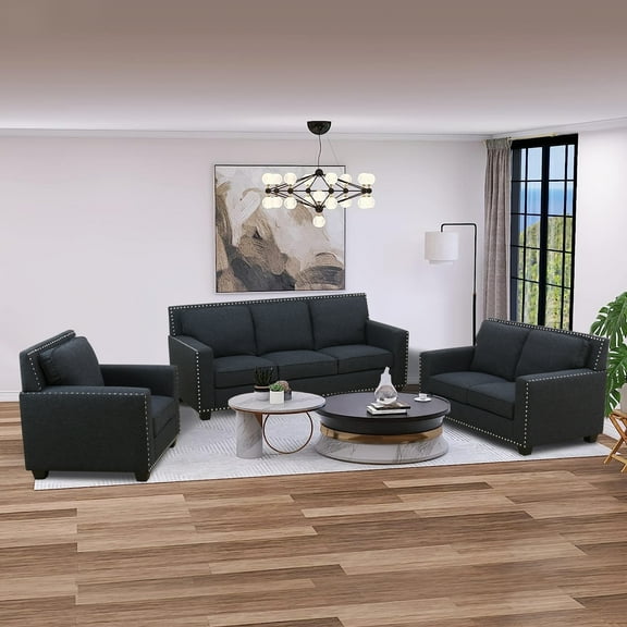 Aukfa 3-Piece Deep Seat Sofa Set for Living Room, 3-Seater Couch, Loveseat, Armchair, Linen, Black