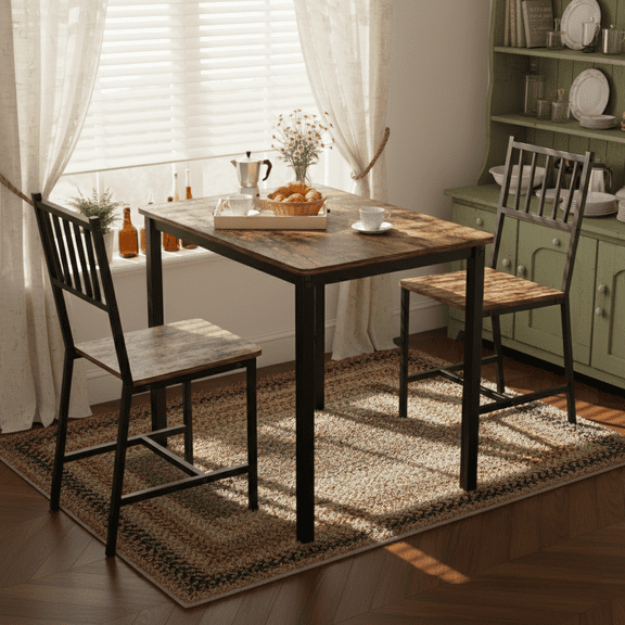 Aukfa 3 Piece Dining Table Set for 2, Space-Saving Kitchen Table Set with 2 Chair & Steel Frame for Small Spaces,Brown