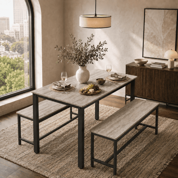 Aukfa 3-Piece Dining Table Set for 4, Rectangular Kitchen Table with 2 Benches for Small Space, Rustic Gray