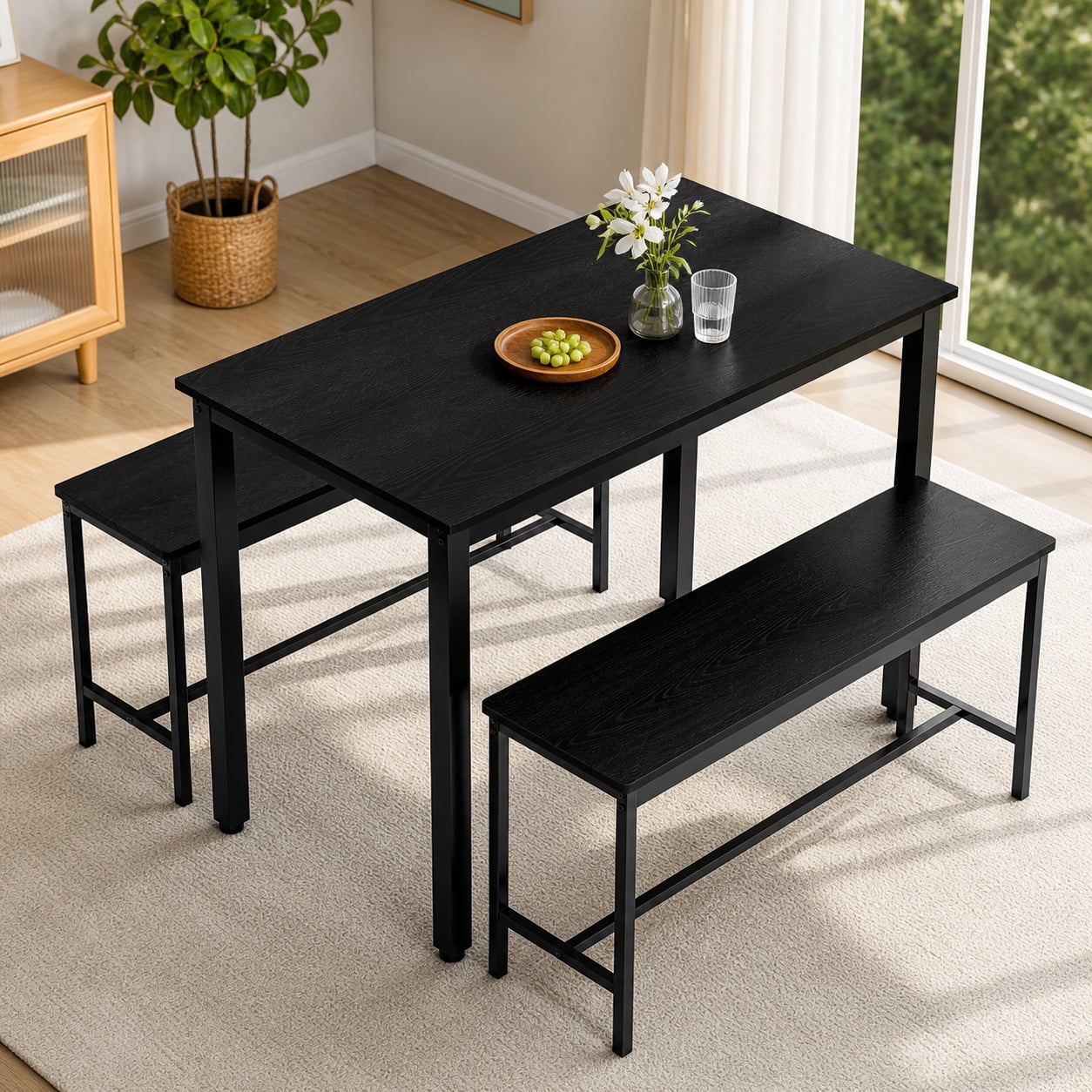 Aukfa 3-Piece Dining Table Set for 4 with 2 Benches, 43.3" Space-Saving Kitchen Table Set for Small Spaces & Apartments,Black