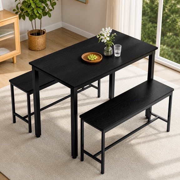 Aukfa 3-Piece Dining Table Set for 4 with 2 Benches, 43.3" Space-Saving Kitchen Table Set for Small Spaces & Apartments,Black