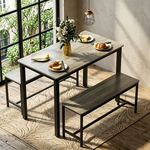 Aukfa 3-Piece Dining Table Set for 4 with 2 Benches, 43.3" Space-Saving Kitchen Table Set for Small Spaces & Apartments,Rustic Gray
