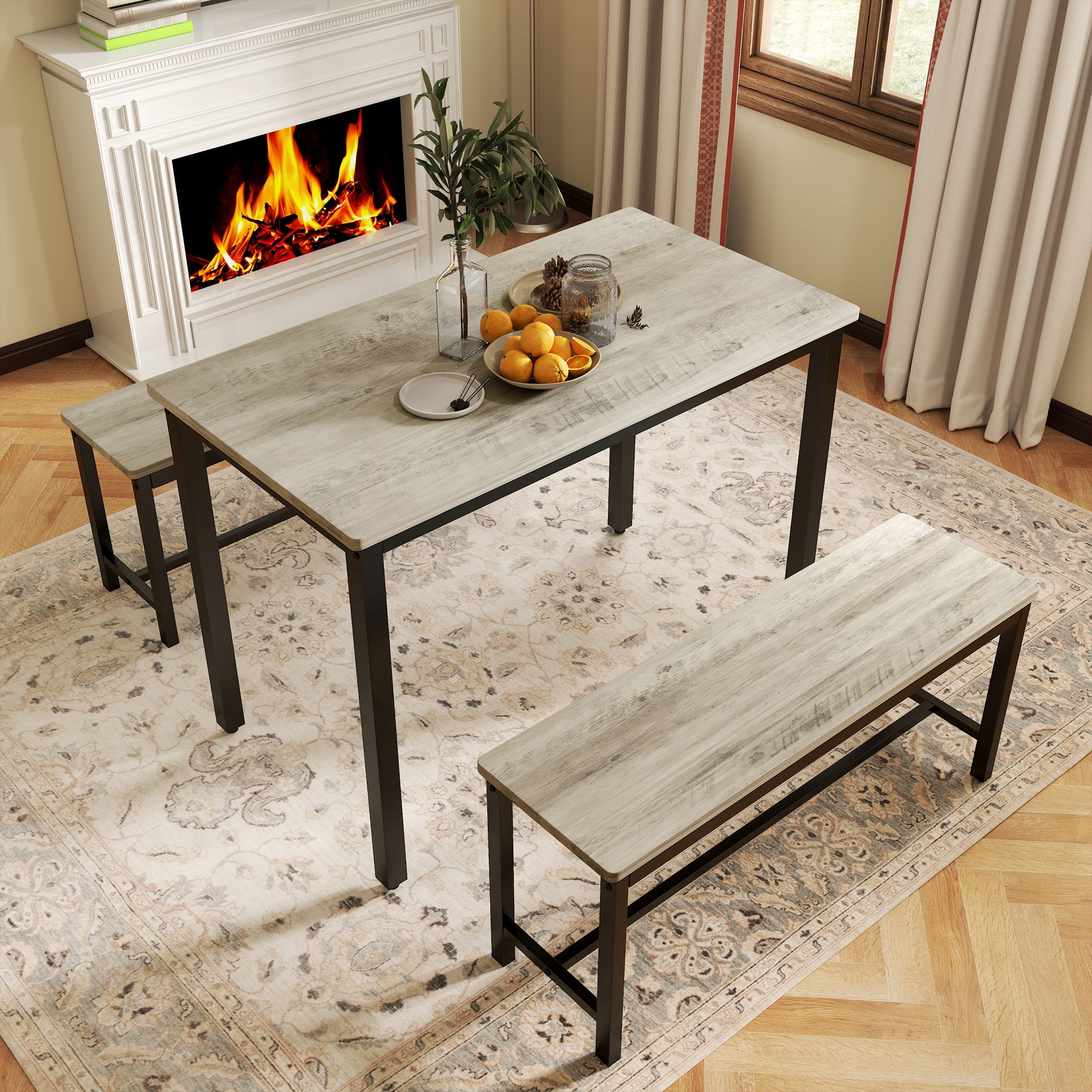 Aukfa 3-Piece Dining Table Set with 2 Benches, 43.3" Kitchen Table for 4, Dining Room Furniture, Gray