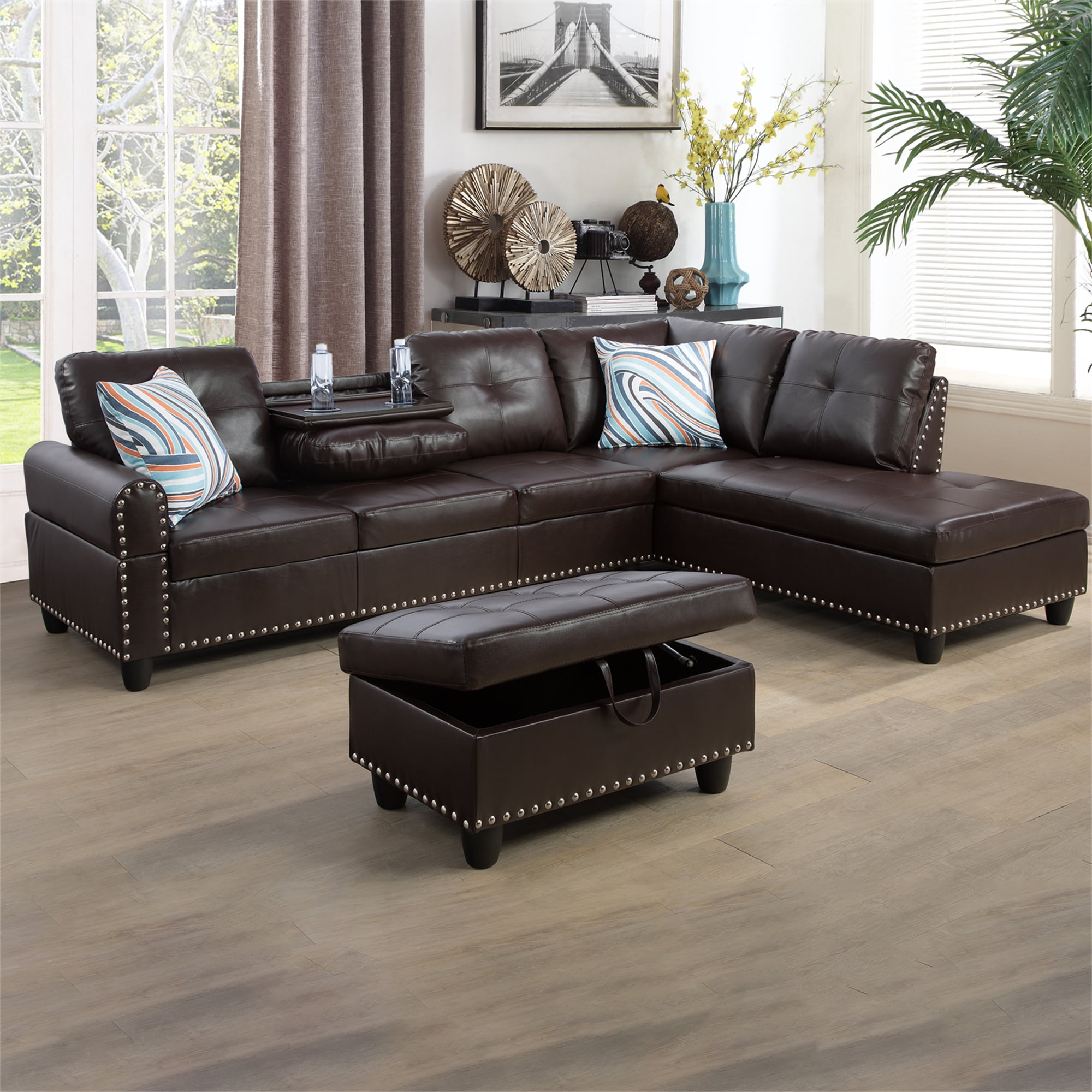 Aukfa 3 Piece Leather Sectional Sofa with Storage Ottoman for Living Room, 2 Cup Holders, Right Hand Chaise, Brown