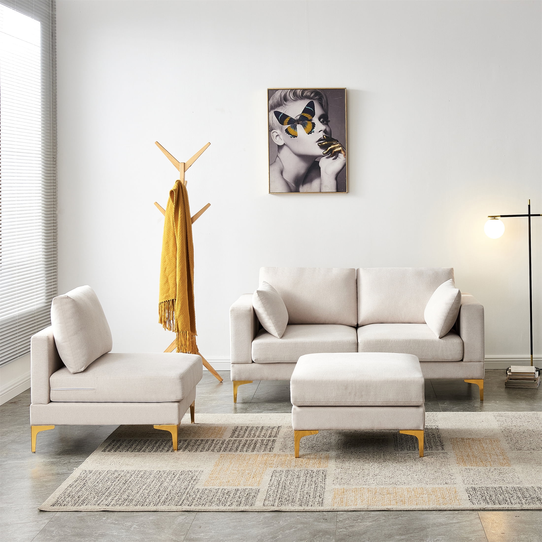 Aukfa 3-Piece Living Room Sectional Couch, Loveseat, Sofa Chair, Ottoman, 2 Pillows, Beige