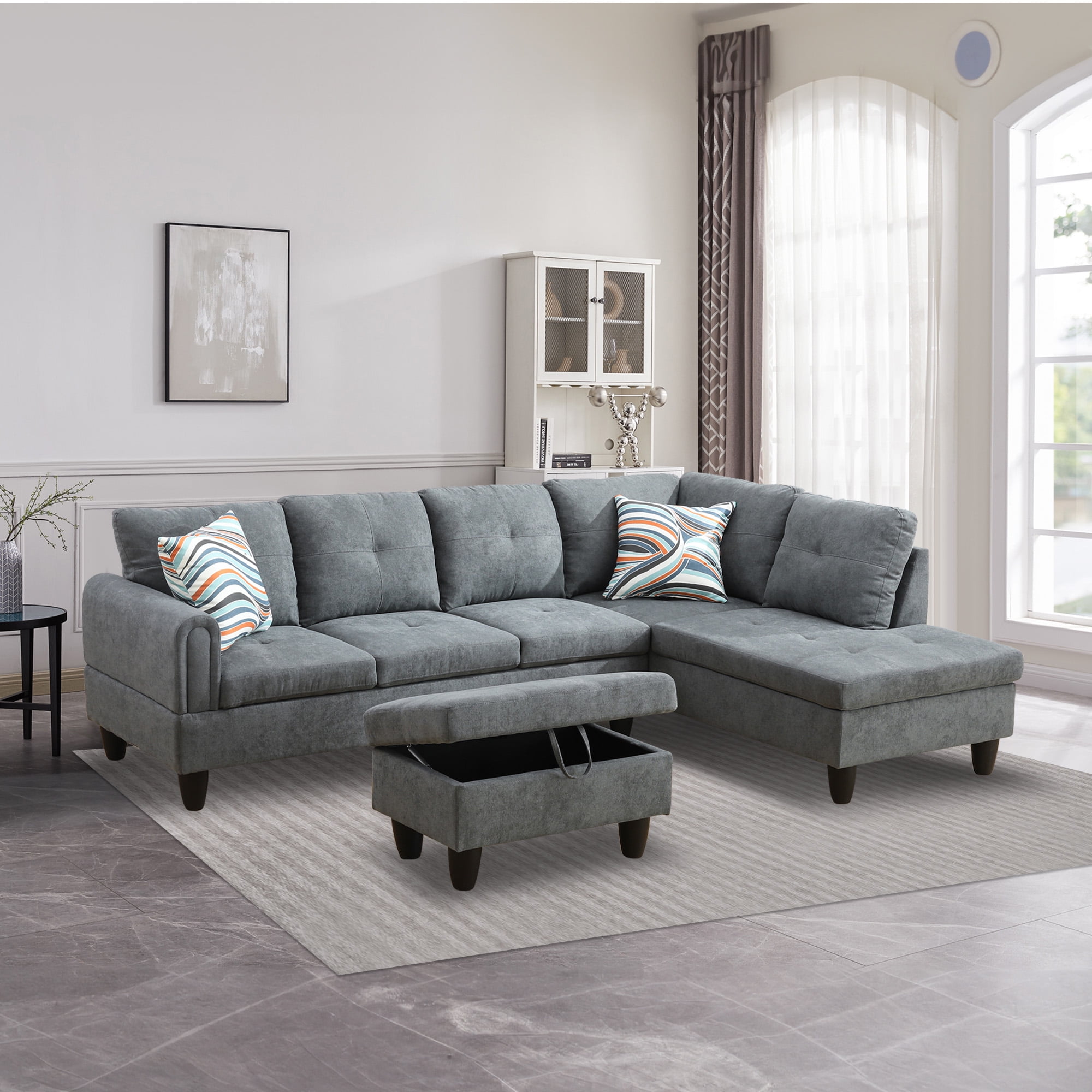 Mobilis 3 pc modern soft reversible microfiber and faux leather sectional sofa with ottoman deals