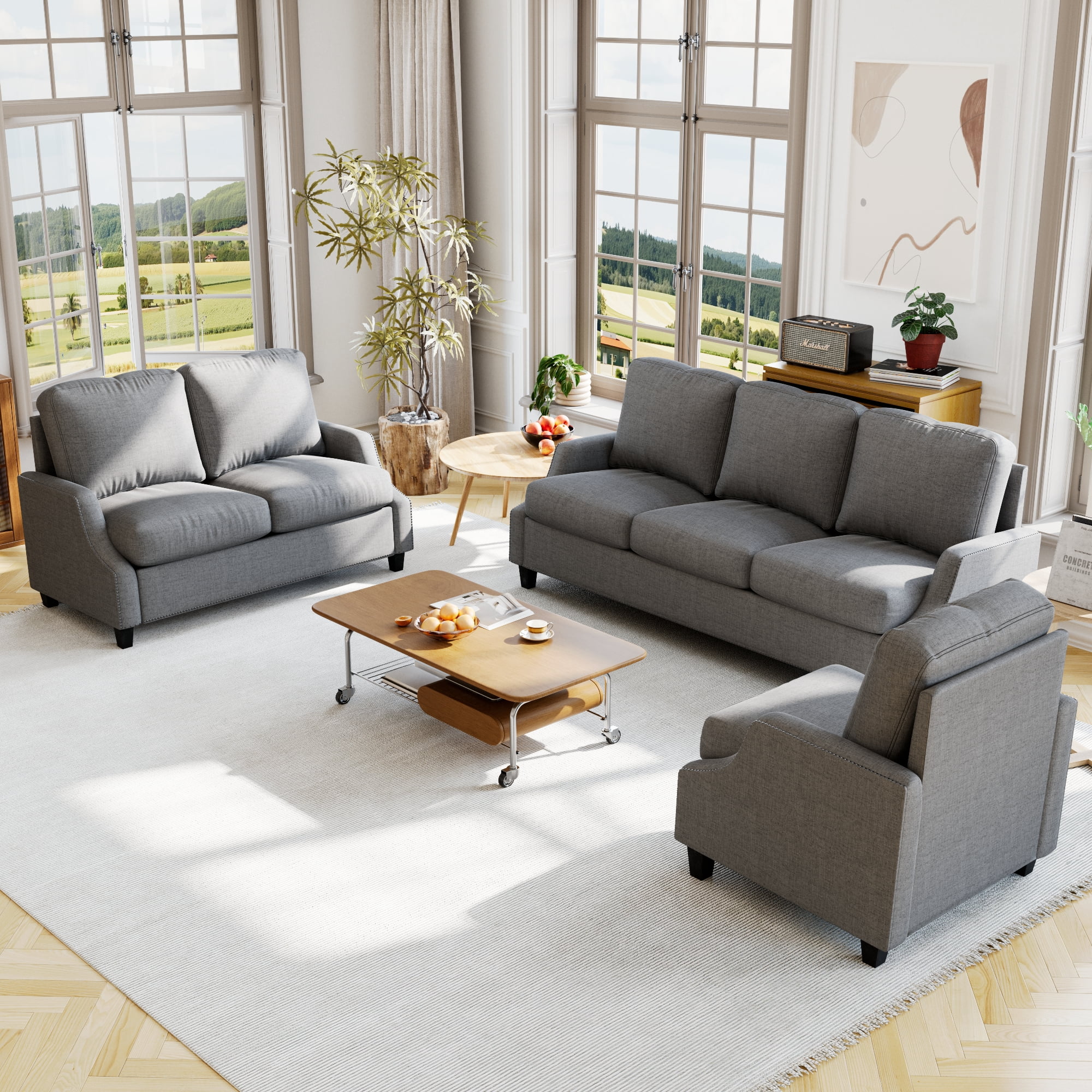 Aukfa 3 Piece Living Room Sofa Set, Modern Upholstered Sectional Couch with 3 Seater Sofa, Loveseat and Armchair, Furniture Set, Gray