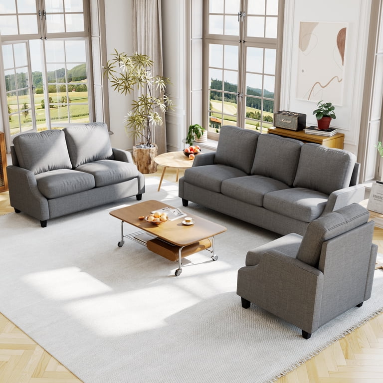 Aukfa 3 Piece Living Room Sofa Set, Modern Upholstered Sectional Couch with 3 Seater Sofa, Loveseat and Armchair, Furniture Set, Gray