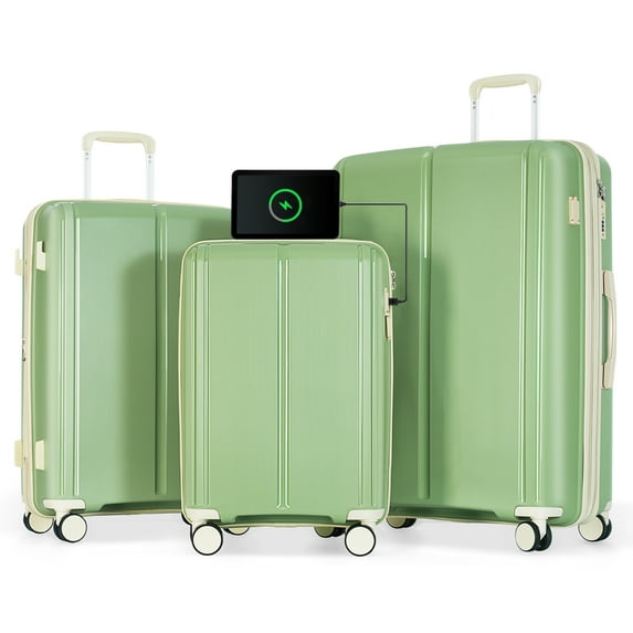 Aukfa 3 Piece Luggage Set Expandable with USB Port, Lightweight Spinner Suitcase, Green