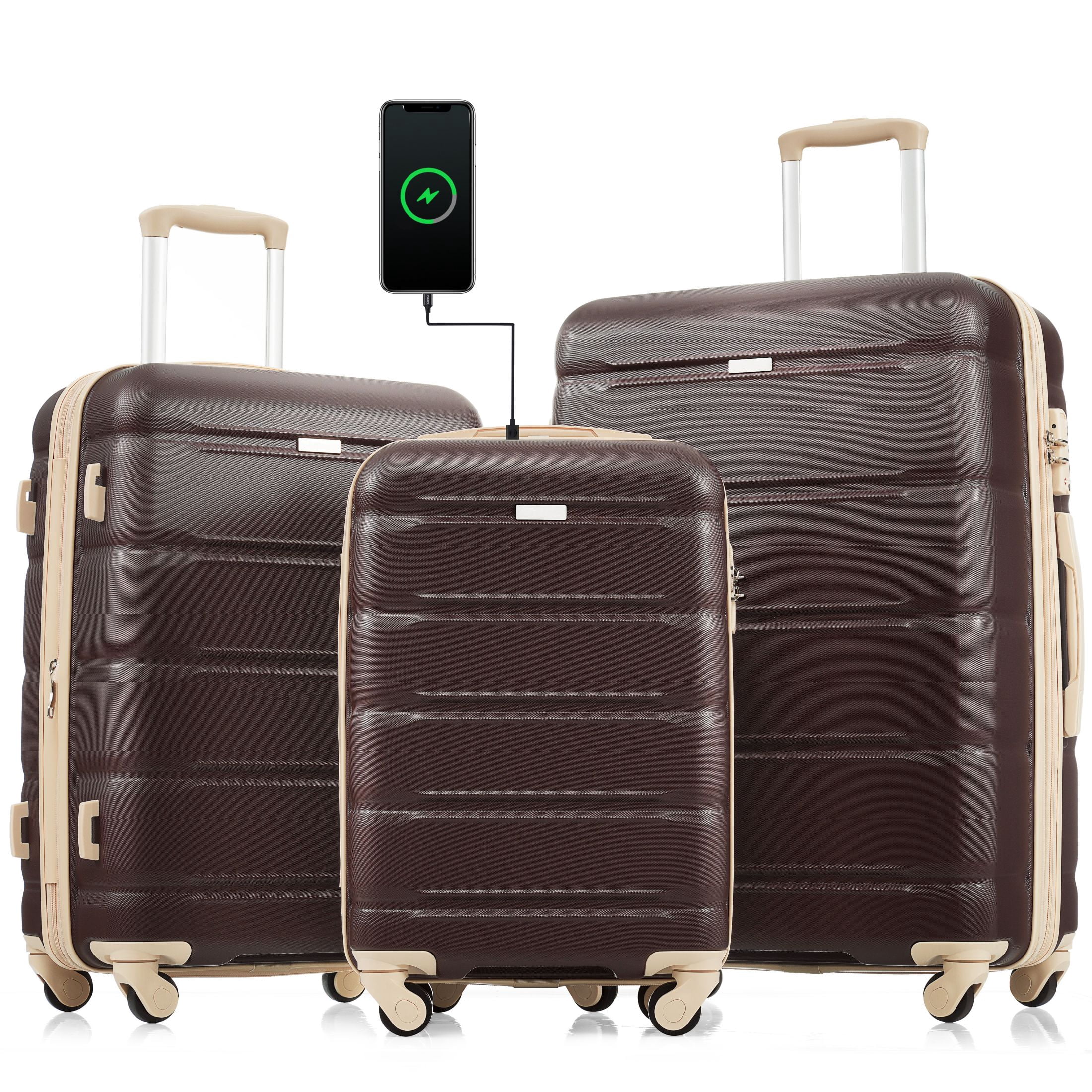 Aukfa 3 Piece Luggage Sets, Expandable Suitcase with USB Port, Cup Holder and Spinner Wheels, Brown