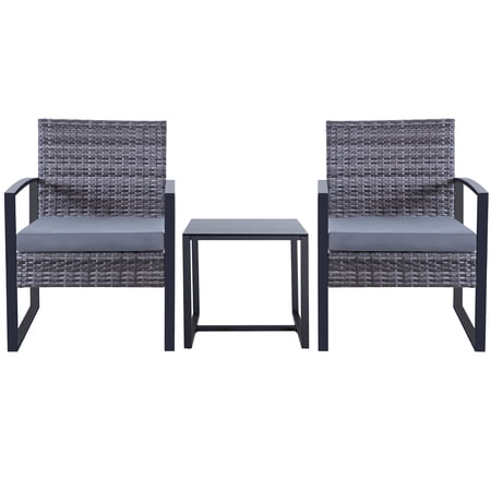Aukfa 3 Piece Outdoor Patio Furniture Set, Patio Bistro Set Wicker Conversation Set, Rattan Chair with Glass Coffee Table for Backyard, Porches, Poolside, Lawn, Gray