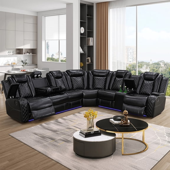 Aukfa 3-Piece Power Recliner Sofa Set 6 Seat Sectional Couch with LED Light, Cup Holders&Storage Console, Black