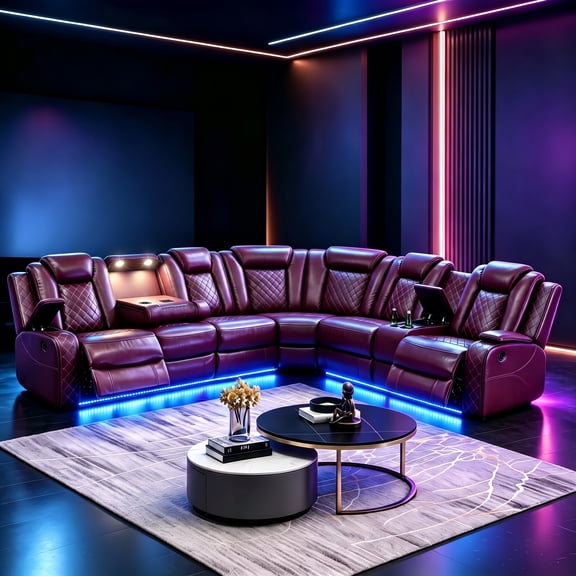 Aukfa 6 Seat Power Recliner Sectional Sofa with LED Light, USB & Wireless Charging, Storage Console, Home Theater Seating for Living Room, PU Leather, Burgundy