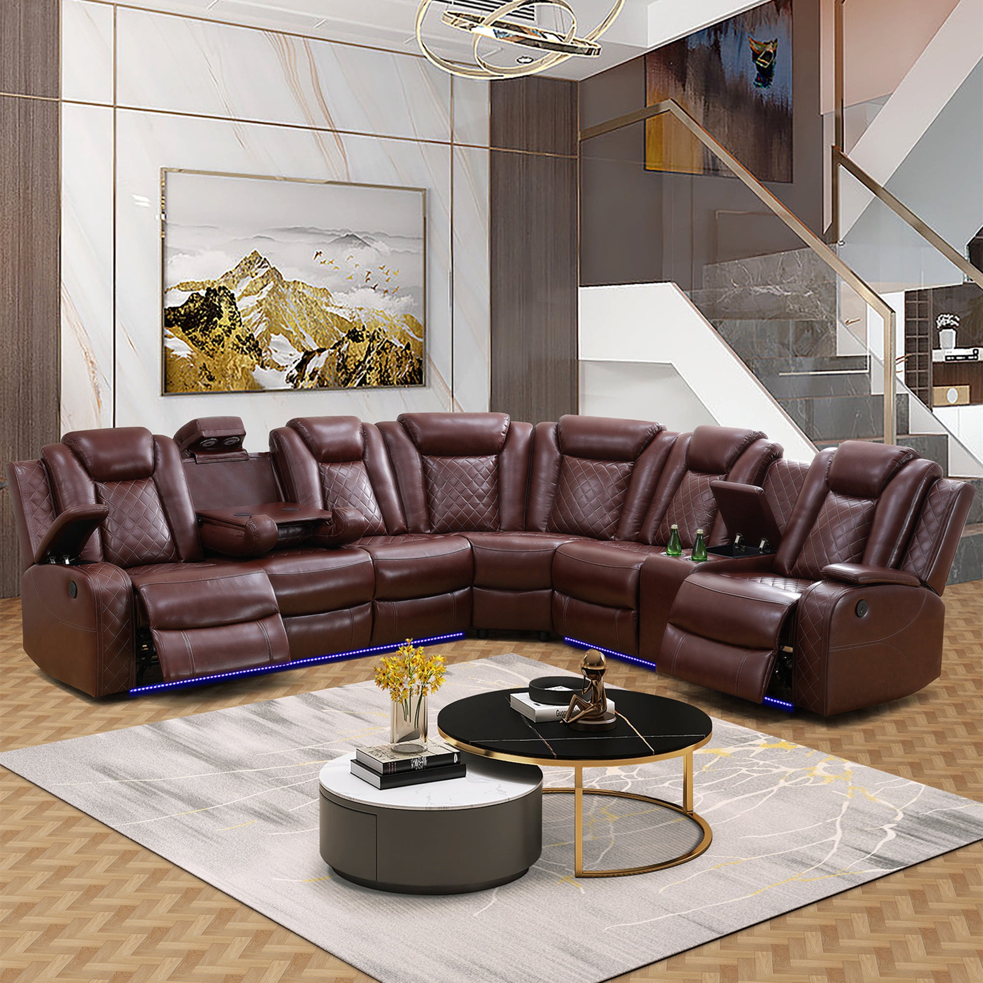 Aukfa 3-Piece Power Recliner Sofa Set 6 Seat Sectional Couch with LED Light, Cup Holders&Storage Console, Burgundy