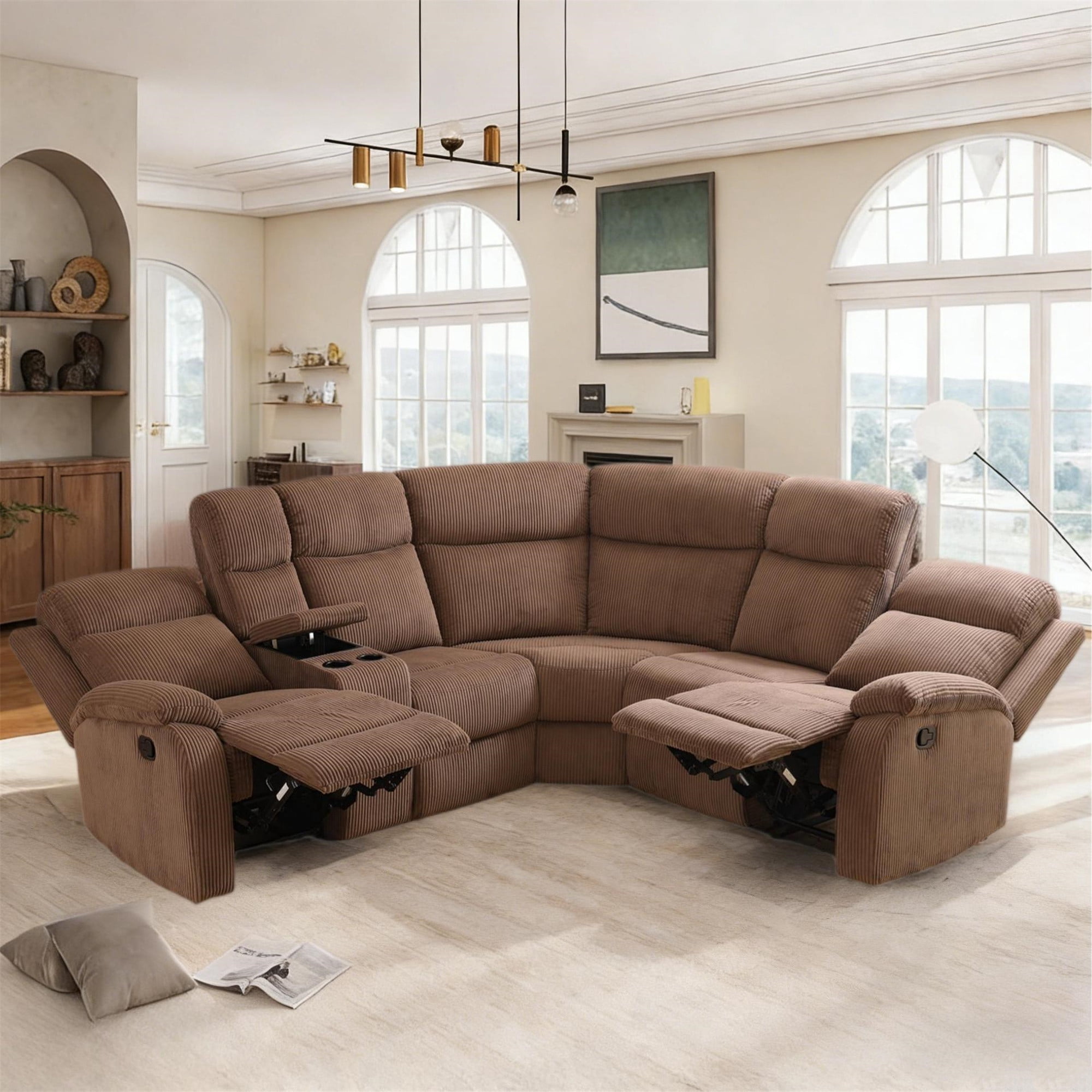 Aukfa 3-Piece Recliner Sofa Set, 5 Seat Sectional Couch with Cup Holders&Storage Console, Corduroy, Brown