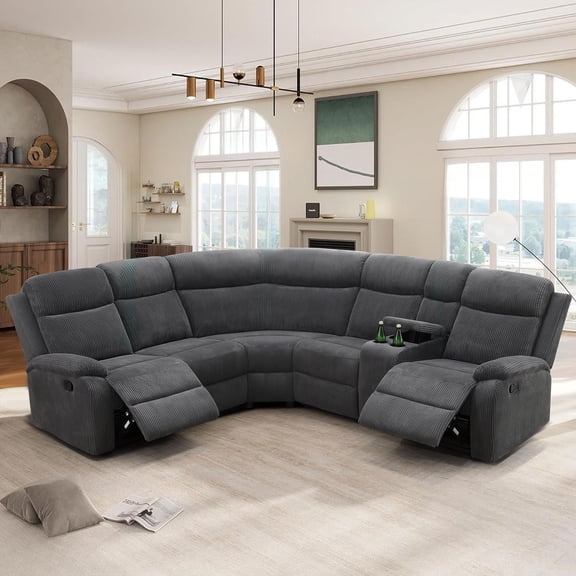 Aukfa 3-Piece Recliner Sofa Set, 5 Seat Sectional Couch with Cup Holders&Storage Console, Corduroy, Gray