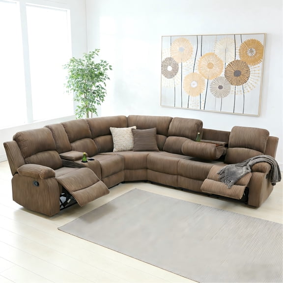 Aukfa 3-Piece Recliner Sofa Set, 6 Seat Sectional Couch with Cup Holders&Storage Console, Corduroy, Peanut