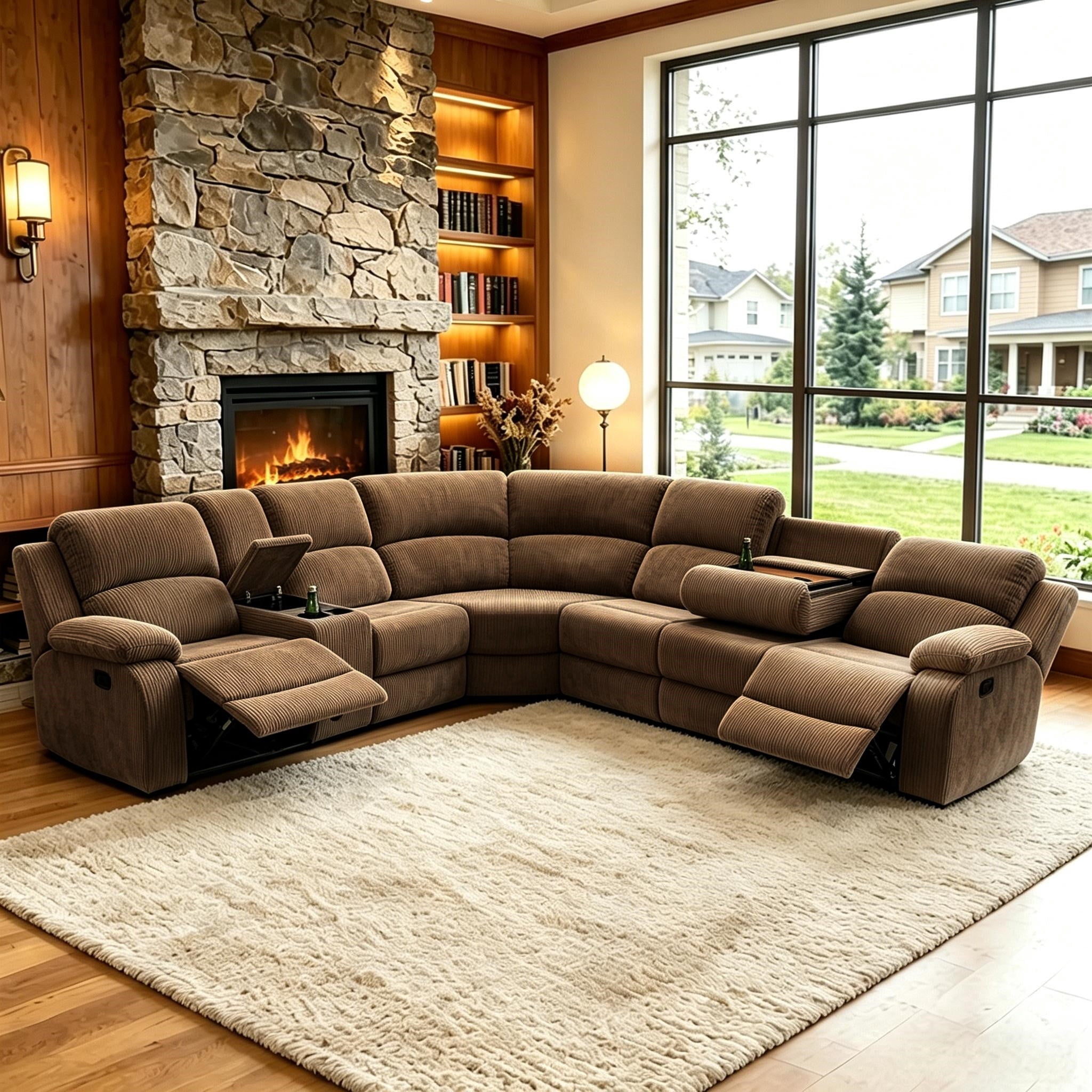 Aukfa 3-Piece Recliner Sofa Set, 6 Seat Sectional Couch with Cup Holders&Storage Console, Corduroy, Peanut
