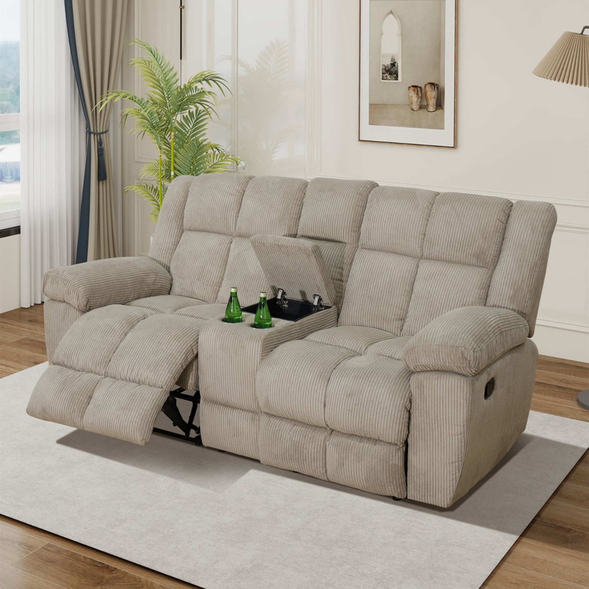 Aukfa 3-Piece Recliner Sofa Set - 77" Loveseat Recliner w/ Cupholder&Console for Living Room, Beige