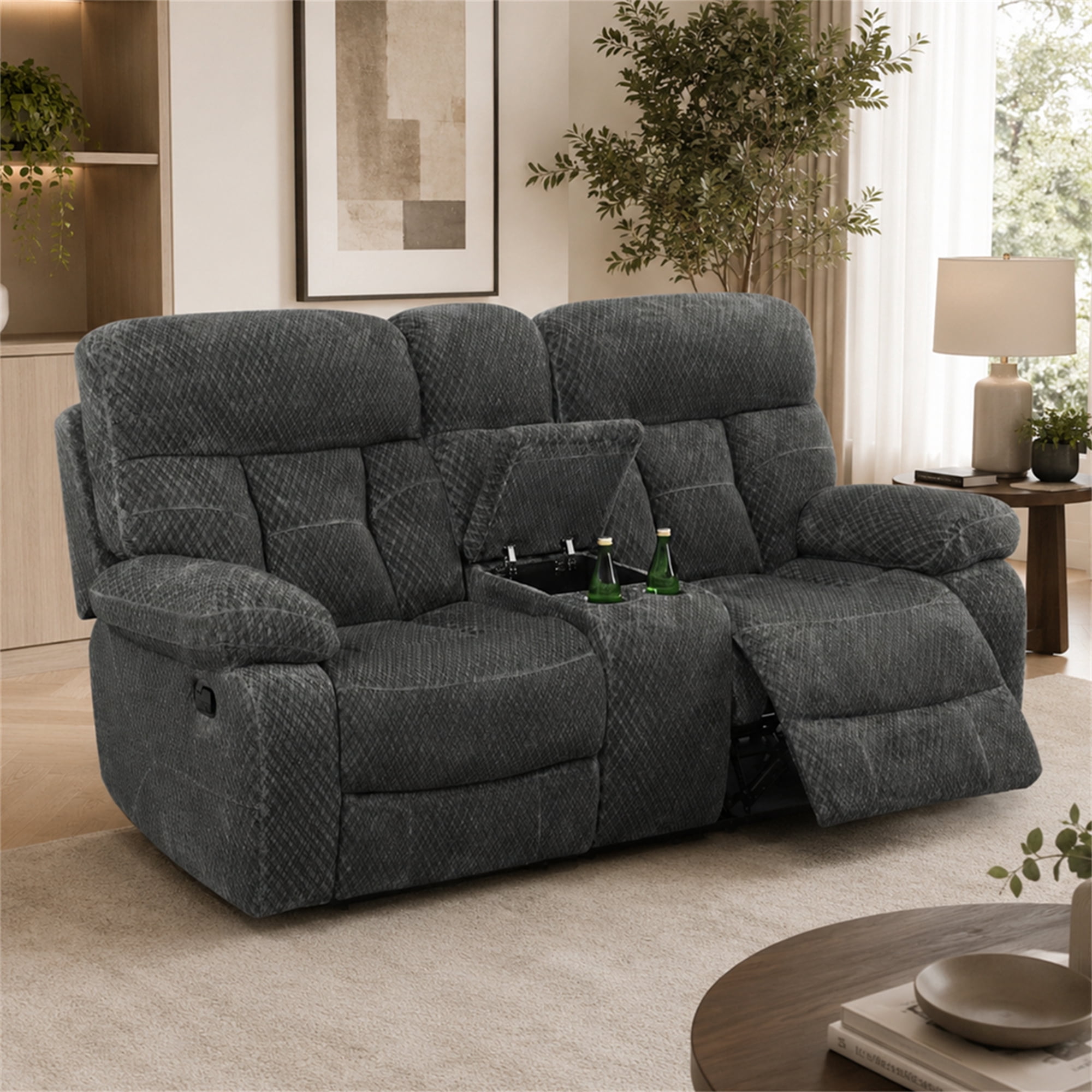 Aukfa 3-Piece Recliner Sofa Set - 77" Loveseat Recliner w/ Cupholder Console for Living Room, Microfiber, Gray