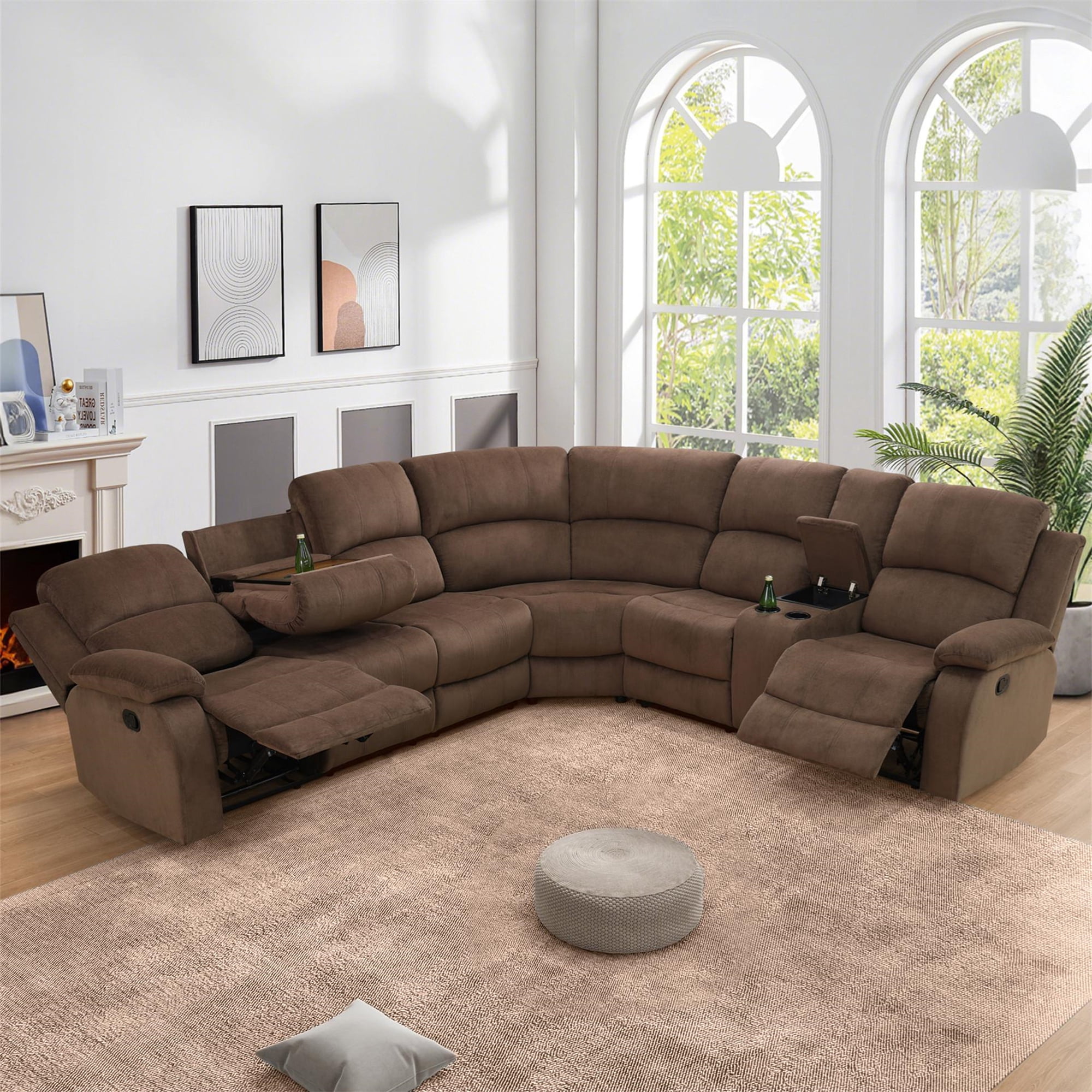 Aukfa 3-Piece Recliner Sofa Set, 6 Seat Sectional Couch with Cup Holders&Storage Console, Brown