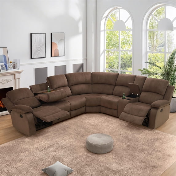 Aukfa 3-Piece Recliner Sofa Set, 6 Seat Sectional Couch with Cup Holders&Storage Console, Brown