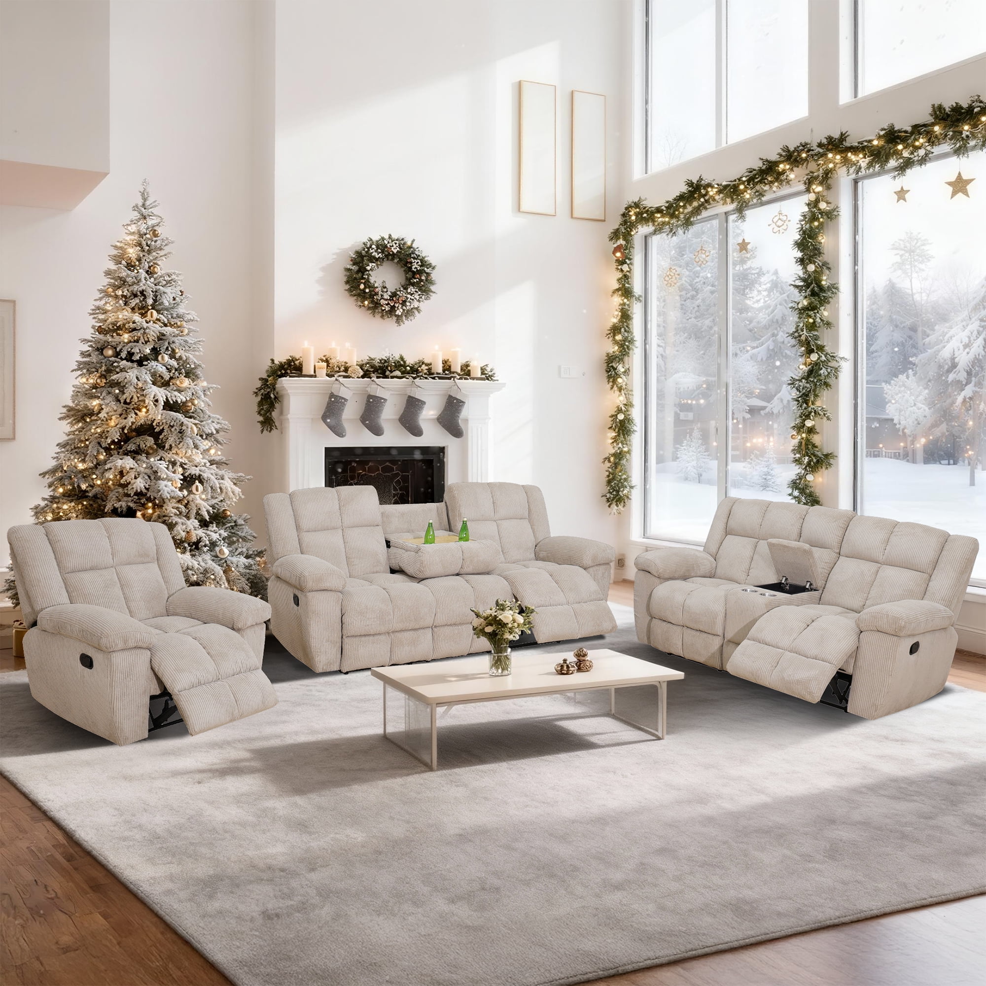 Aukfa 3-Piece Recliner Sofa Set, Oversized Armchair+Loveseat +3 Seat Sofa, 2 Cup Holders&Storage Console, Corduroy, Beige