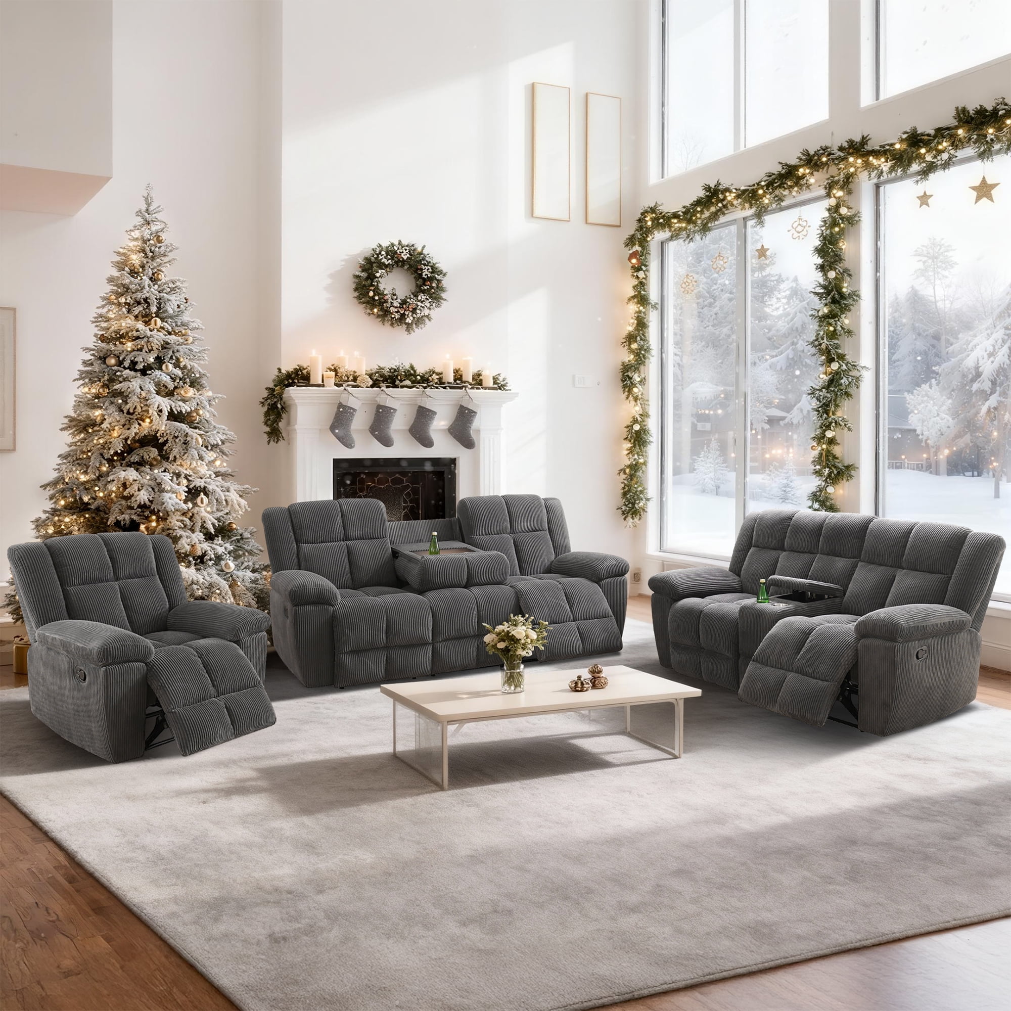 Aukfa 3-Piece Recliner Sofa Set, Oversized Armchair+Loveseat +3 Seat Sofa, 2 Cup Holders&Storage Console, Corduroy, Gray
