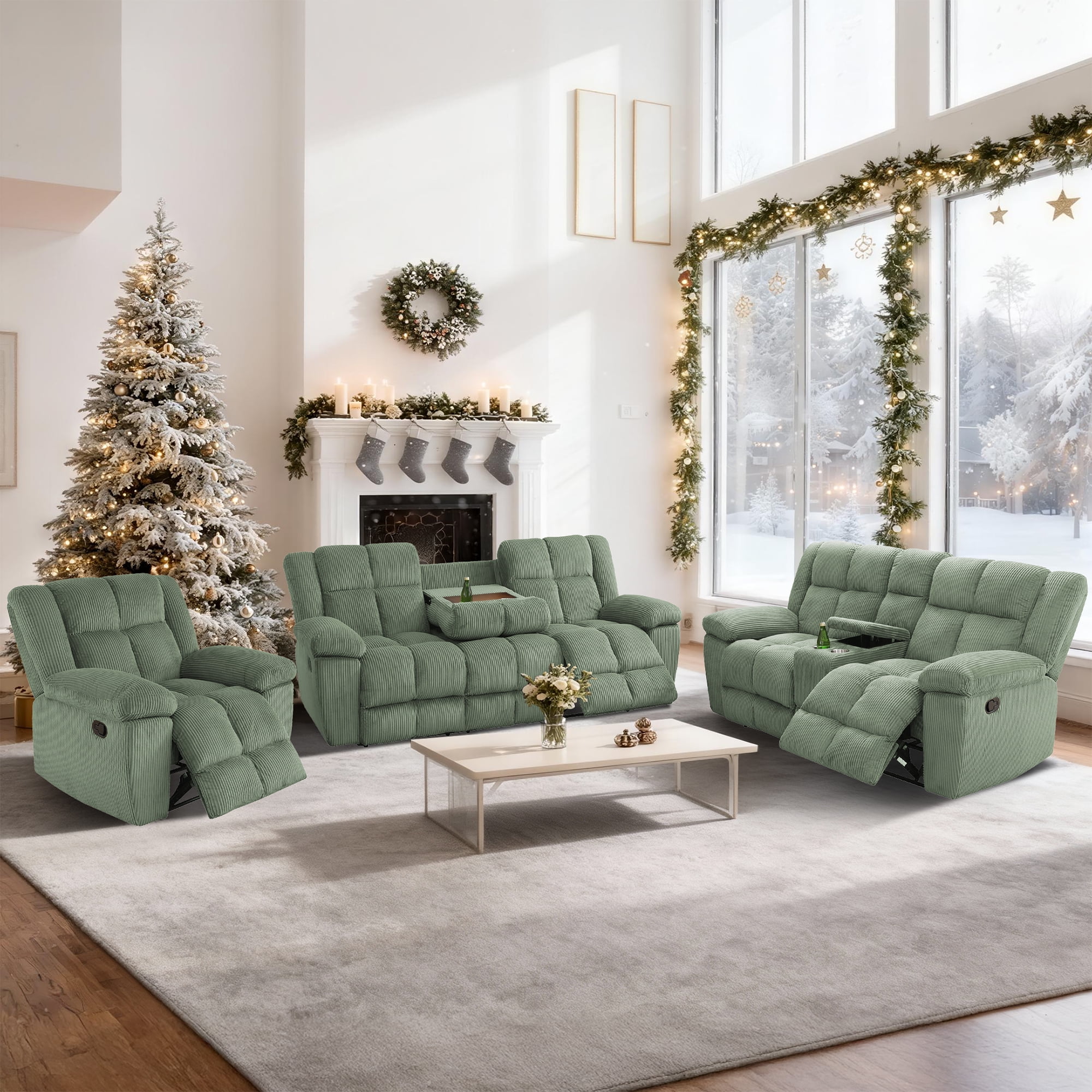 Aukfa 3-Piece Recliner Sofa Set, Oversized Armchair+Loveseat +3 Seat Sofa, 2 Cup Holders&Storage Console, Corduroy, Green