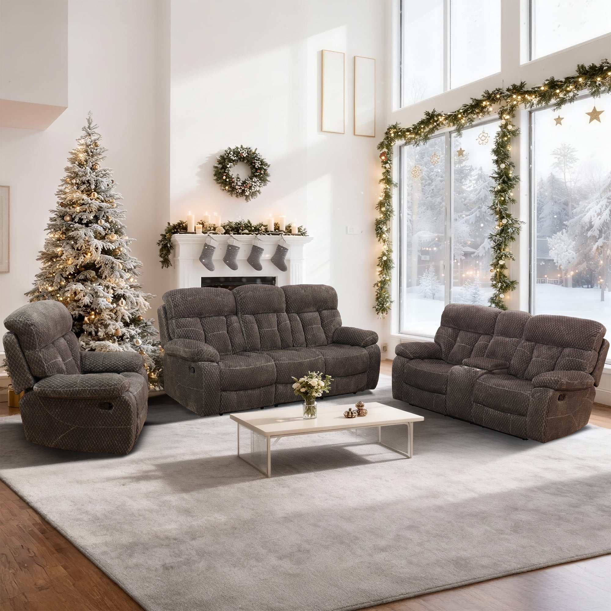 Aukfa 3-Piece Recliner Sofa Set, Oversized Armchair+Loveseat +3 Seat Sofa, 2 Cup Holders&Storage Console, Microfiber, Brown