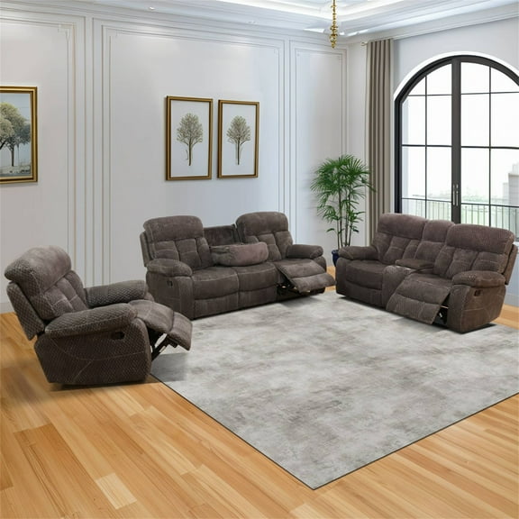 Aukfa 3-Piece Recliner Sofa Set, Oversized Armchair Loveseat  3 Seat Sofa, 2 Cup Holders&Storage Console, Microfiber, Brown
