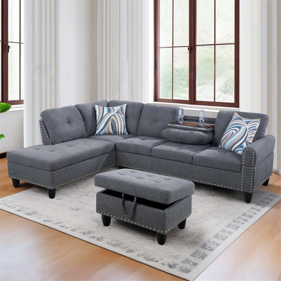 Aukfa 3 Piece Sectional Sofa, Living Room Couch with Storage Ottoman&Cup Holder, Linen, Left Hand, Gray