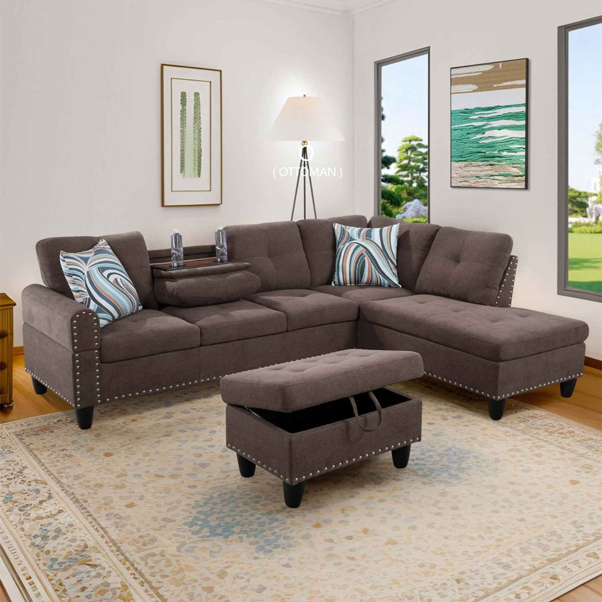 Aukfa 3 Piece Sectional Sofa, Living Room Couch with Storage Ottoman&Cup Holder, Linen, Right Hand, Brown