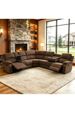 3-Piece Recliner Sofa Set, 6 Seat Sectional Couch with Cup Holders&Storage Console for Living Room, Brown
