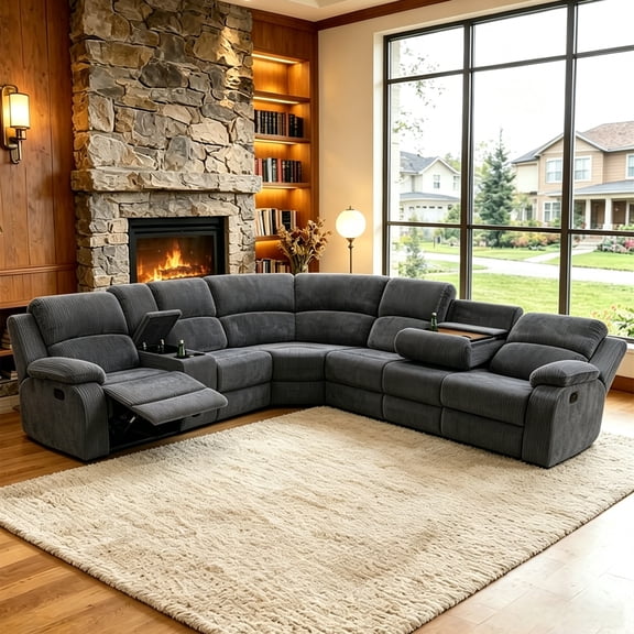 Aukfa 3-Piece Recliner Sofa Set 6 Seat Sectional Couch with Cup Holders&Storage Console, Corduroy, Dark Gray