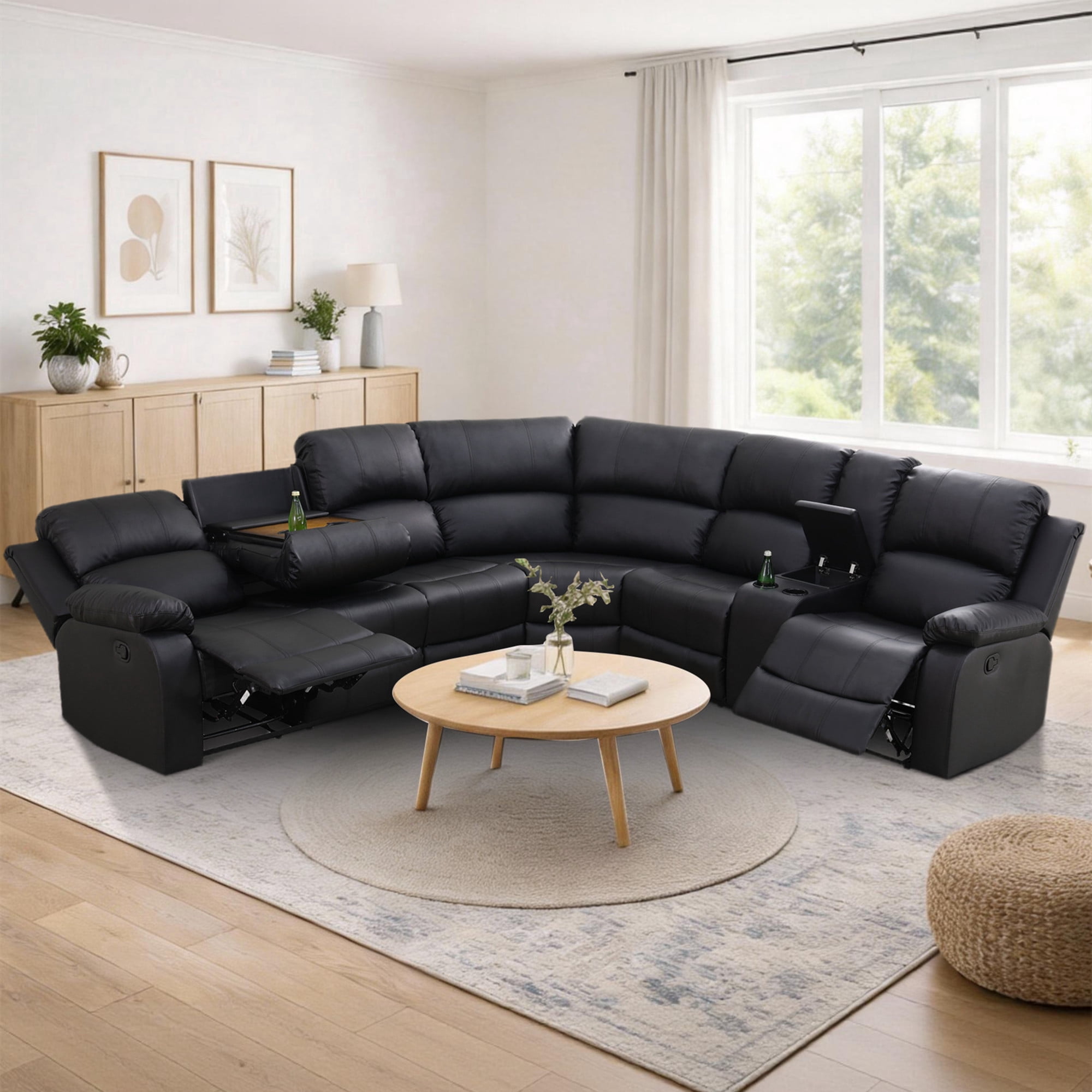 Aukfa 3-Piece Sectional Sofa Set, 6 Seat Recliner Couch with Cup Holders&Storage Console, Leather, Black