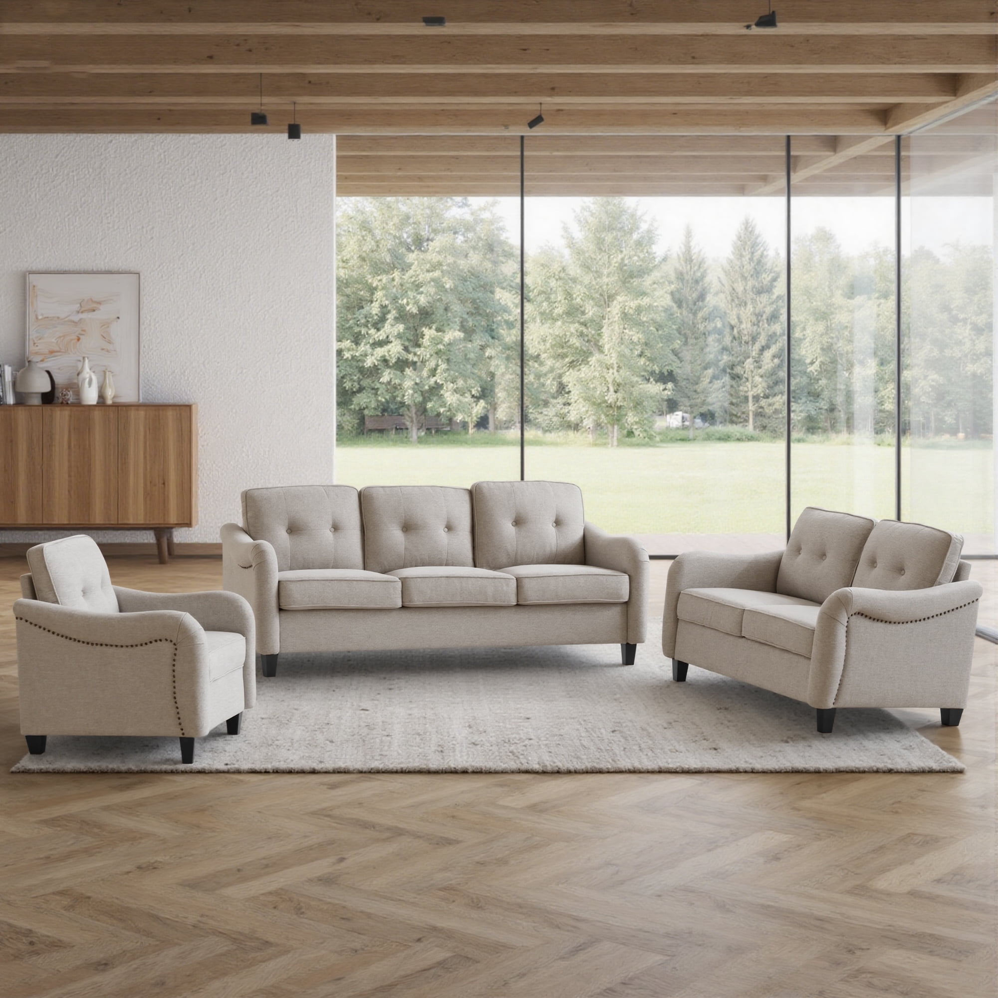 Aukfa 3 Piece Sectional Sofa Set for Living Room, Upholstered Modular Couch with 3-Seat Sofa, Loveseat & Accent Chair, Comfortable Furniture Set for Home/Apartment, Beige