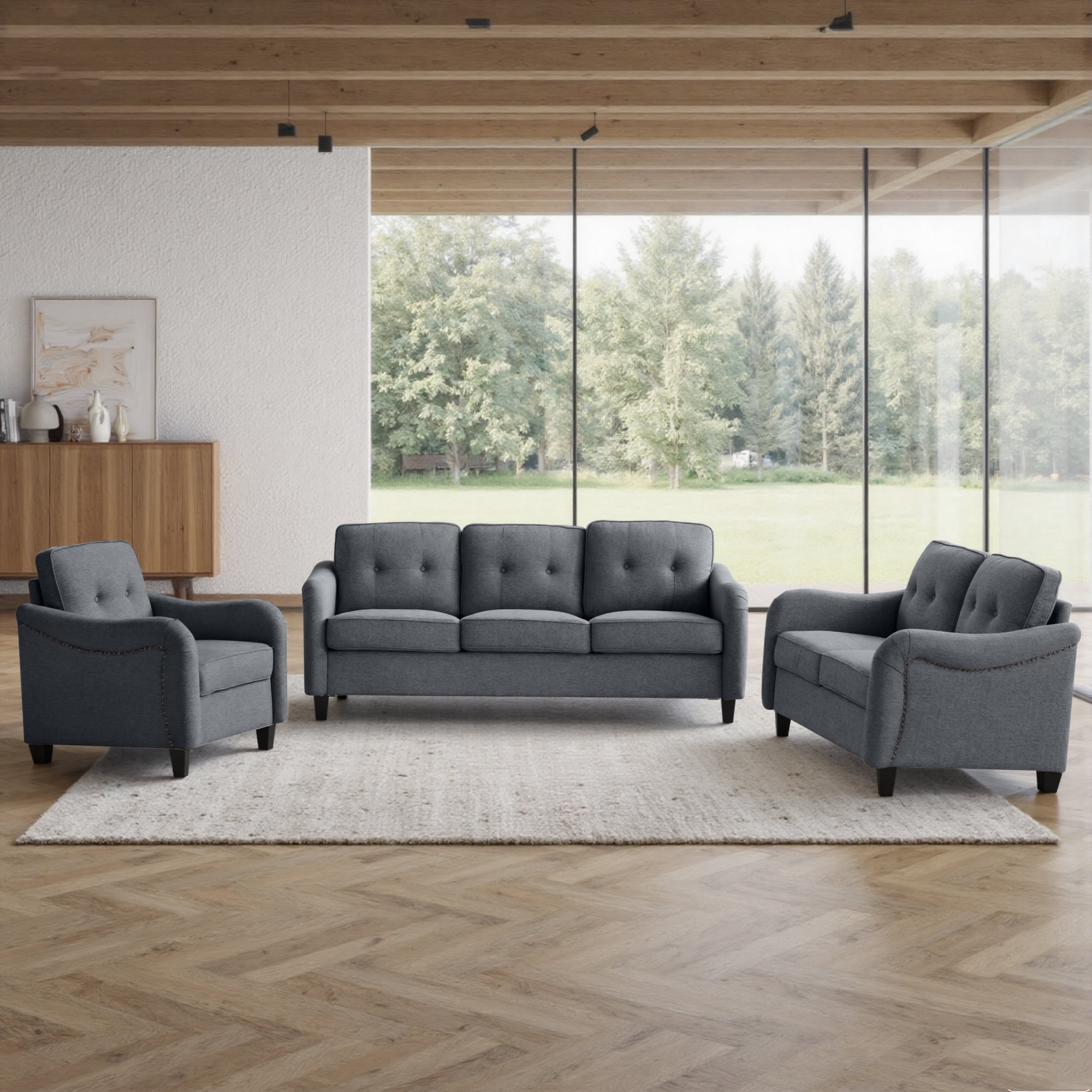 Aukfa 3 Piece Sectional Sofa Set for Living Room, Upholstered Modular Couch with 3-Seat Sofa, Loveseat & Accent Chair, Comfortable Furniture Set for Home/Apartment, Dark Gray