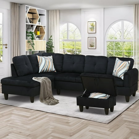Aukfa 3 Piece Sectional Sofa with Storage Ottoman for Living Room, L Shape Couch, Left Hand, Black